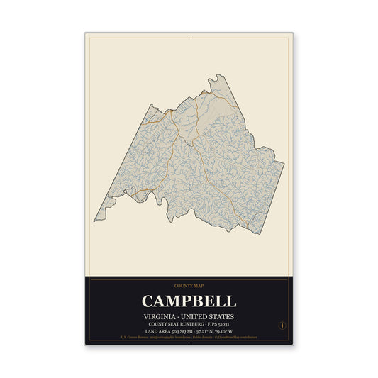 Campbell County, Virginia Map Aluminum Sign in Museum Plaque style