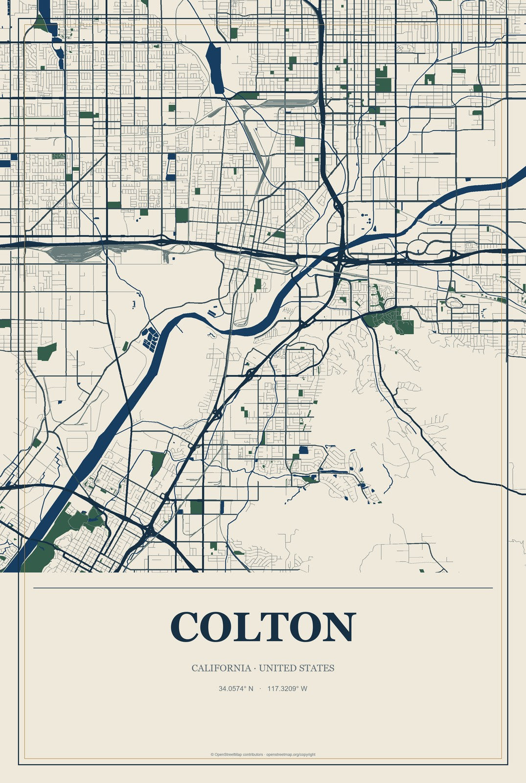 Colton, California City Map Aluminum Sign in Coastal Cutout style