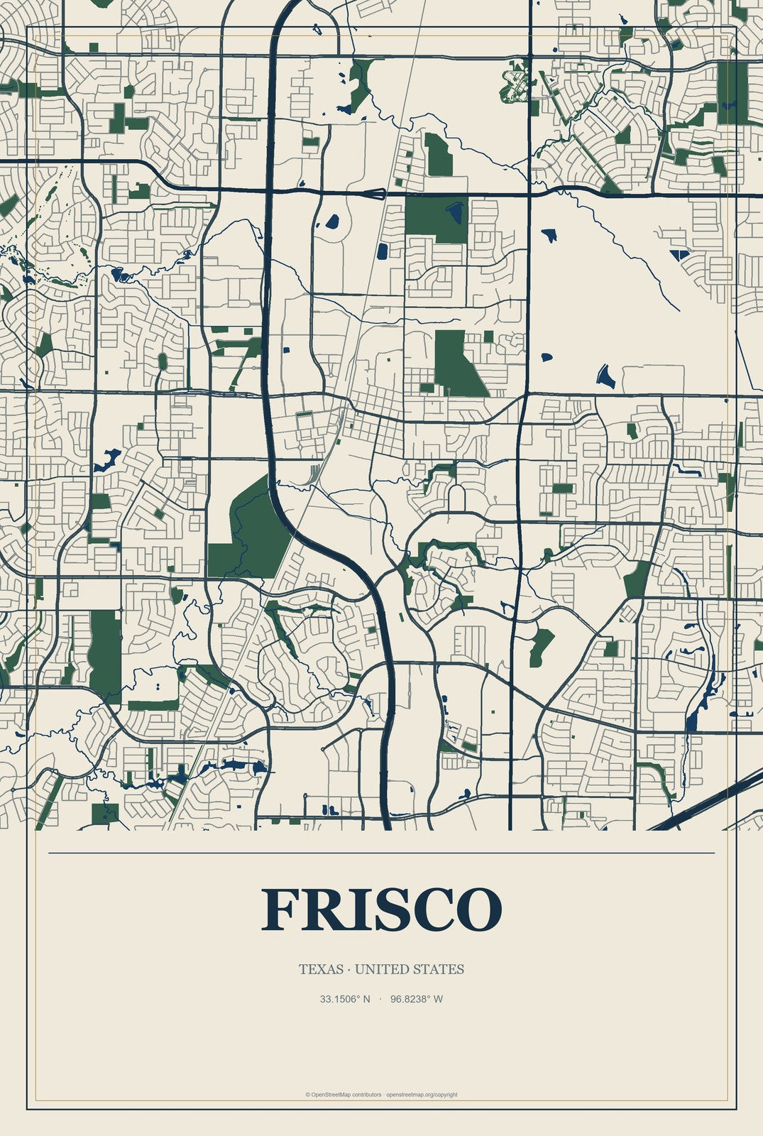 Frisco, Texas City Map Aluminum Sign in Coastal Cutout style