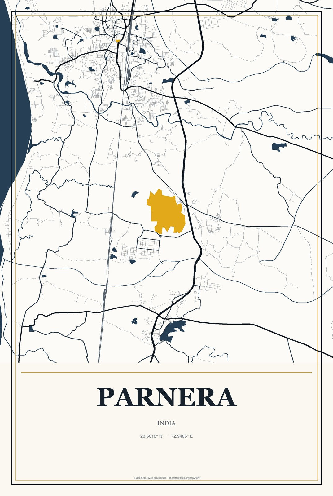 Parnera, India City Map Aluminum Sign in Citrine Modern style