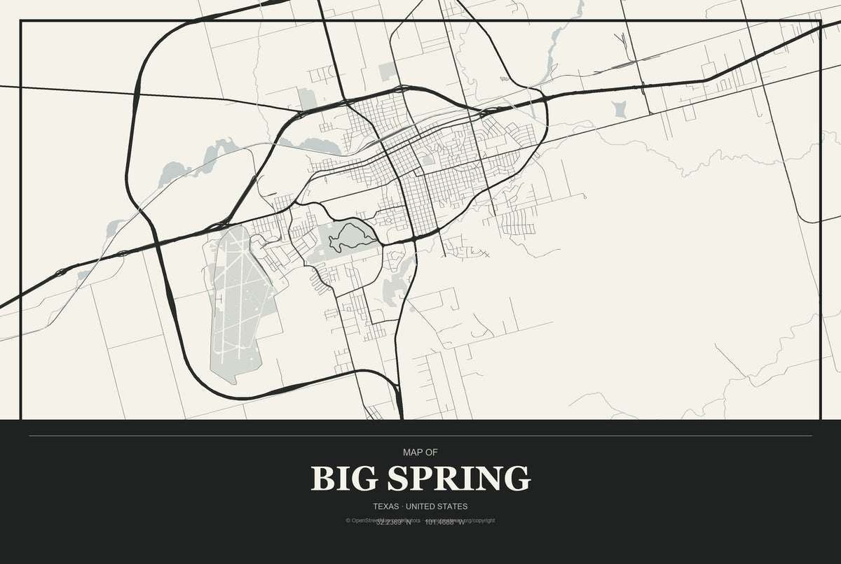 Big Spring, Texas City Map Aluminum Sign in Museum Plaque style