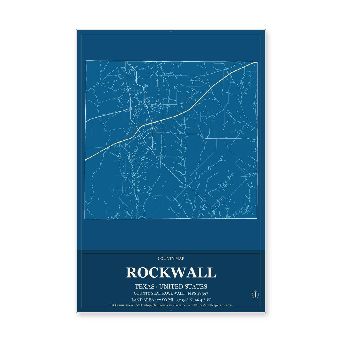 Rockwall County, Texas Map Aluminum Sign in Harbor Cobalt style