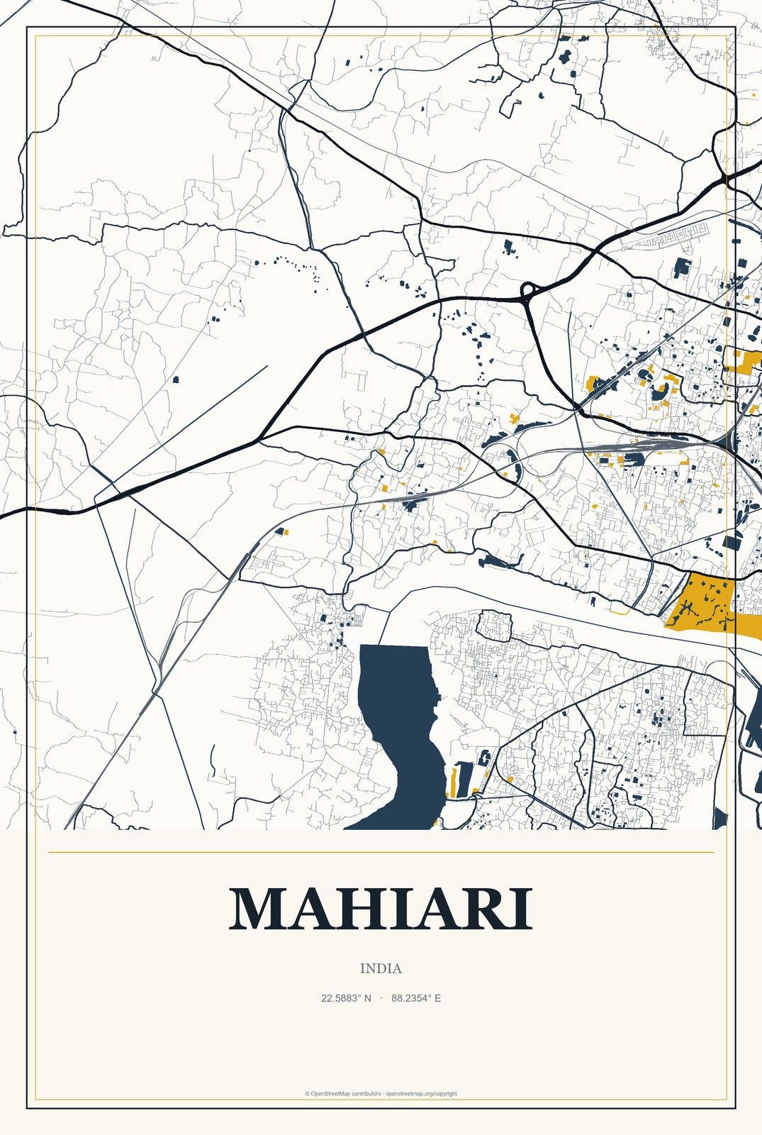 Mahiari, India City Map Aluminum Sign in Citrine Modern style