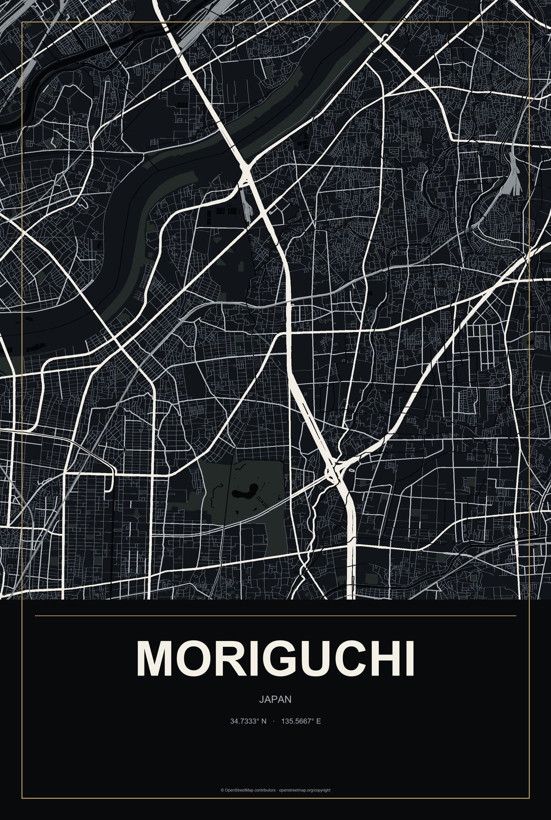 Moriguchi, Japan City Map Aluminum Sign in Metropolitan Noir style