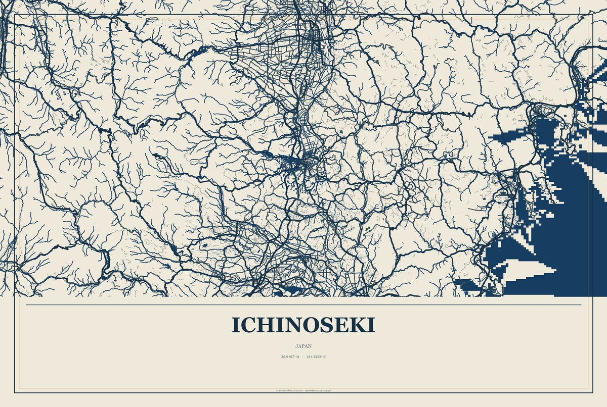 Ichinoseki, Japan City Map Aluminum Sign in Coastal Cutout style