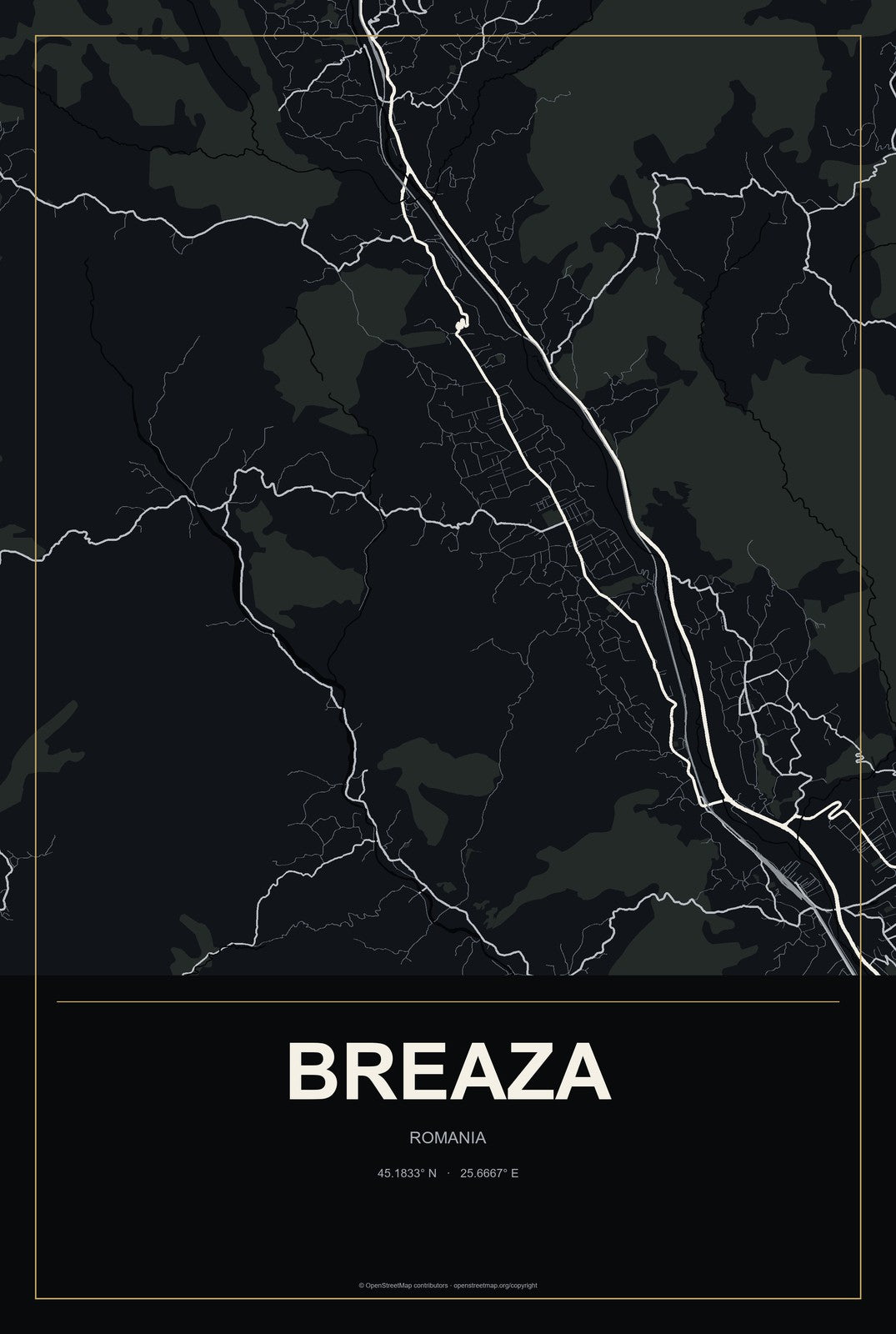 Breaza, Romania City Map Aluminum Sign in Metropolitan Noir style