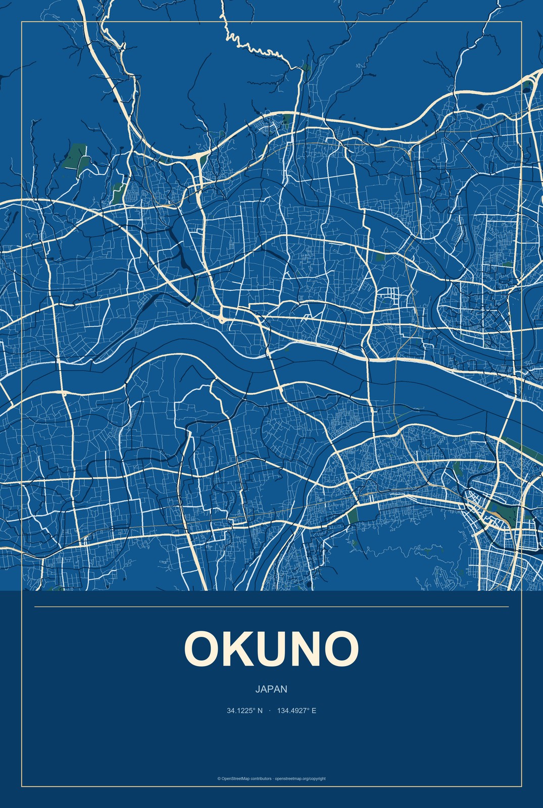 Okuno, Japan City Map Aluminum Sign in Harbor Cobalt style