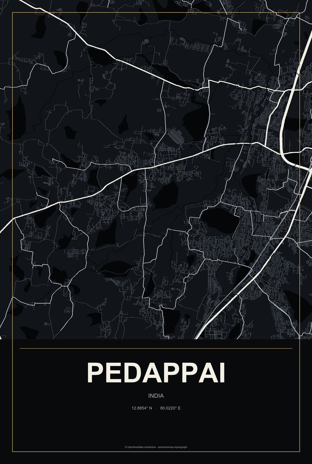 Pedappai, India City Map Aluminum Sign in Metropolitan Noir style