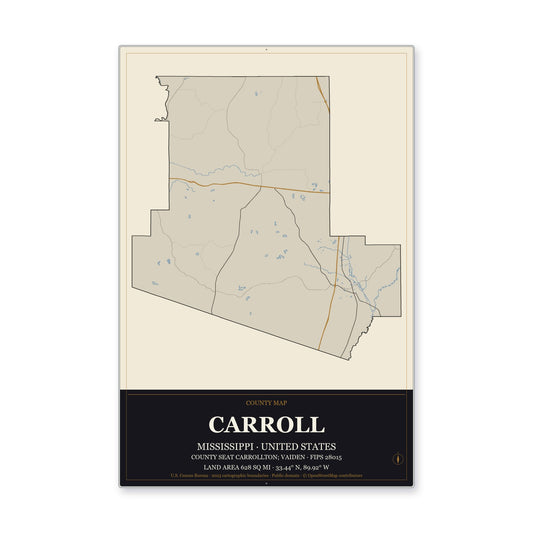 Carroll County, Mississippi Map Aluminum Sign in Museum Plaque style