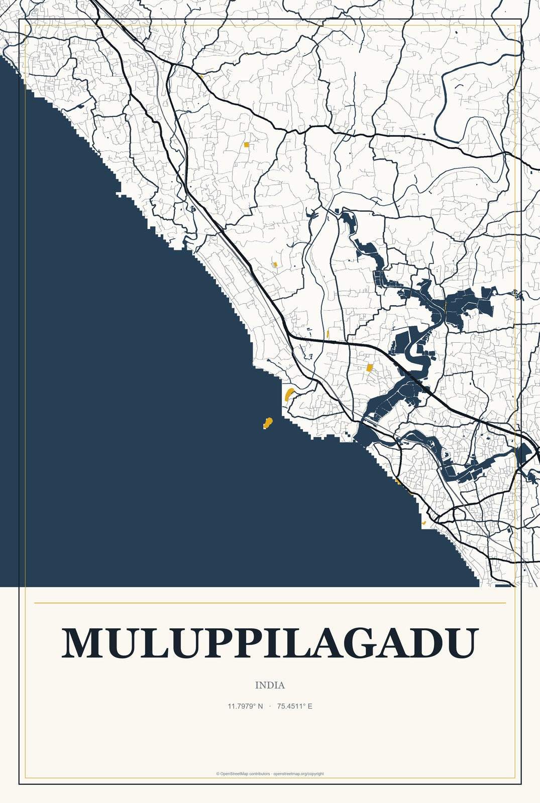 Muluppilagadu, India City Map Aluminum Sign in Citrine Modern style