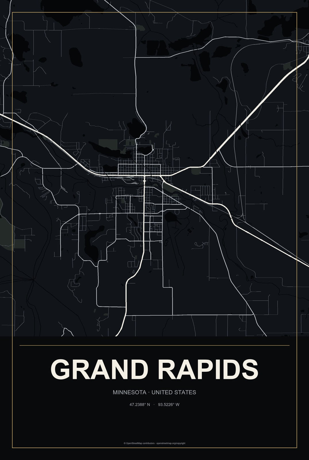 Grand Rapids, Minnesota City Map Aluminum Sign in Metropolitan Noir style