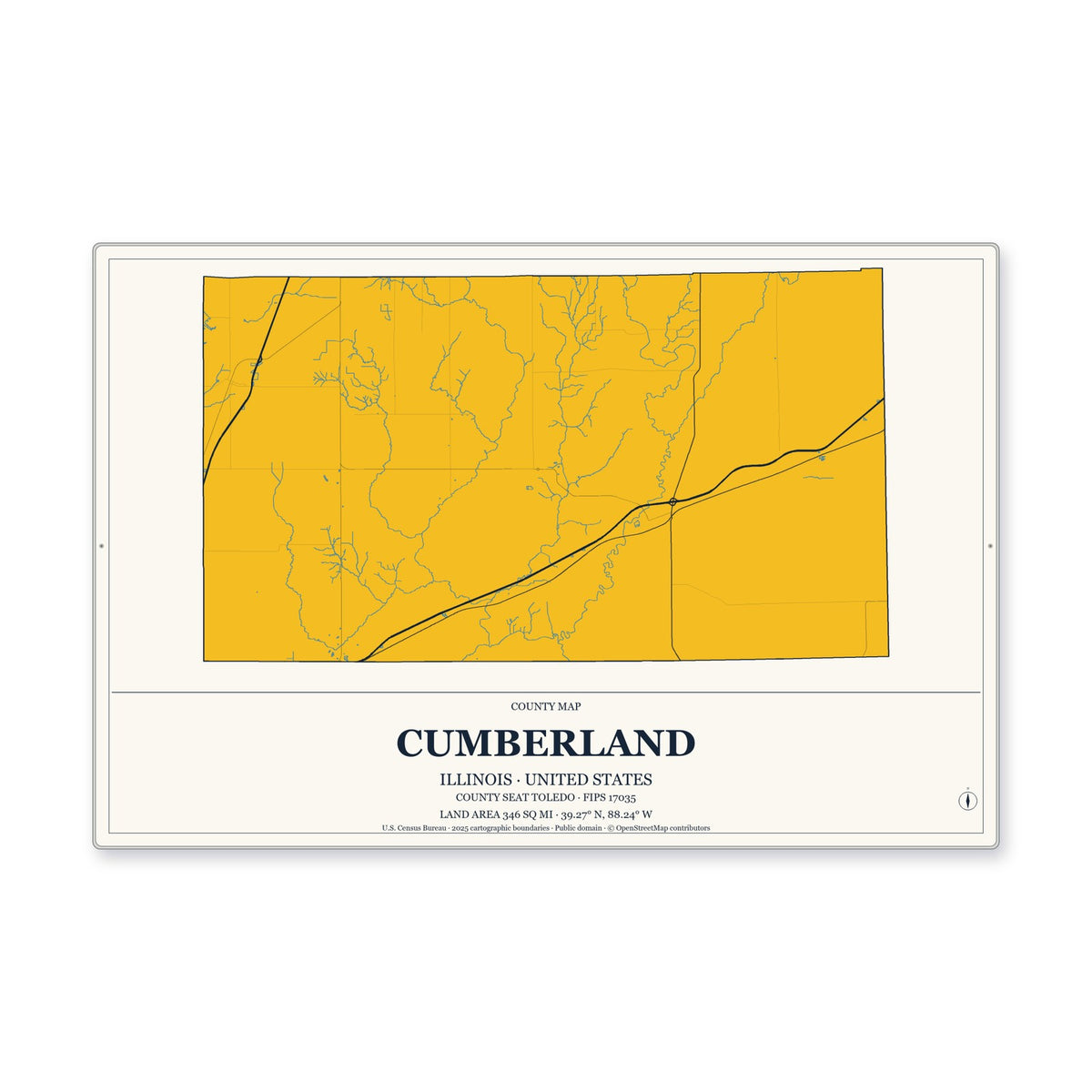 Cumberland County, Illinois Map Aluminum Sign in Citrine Modern style