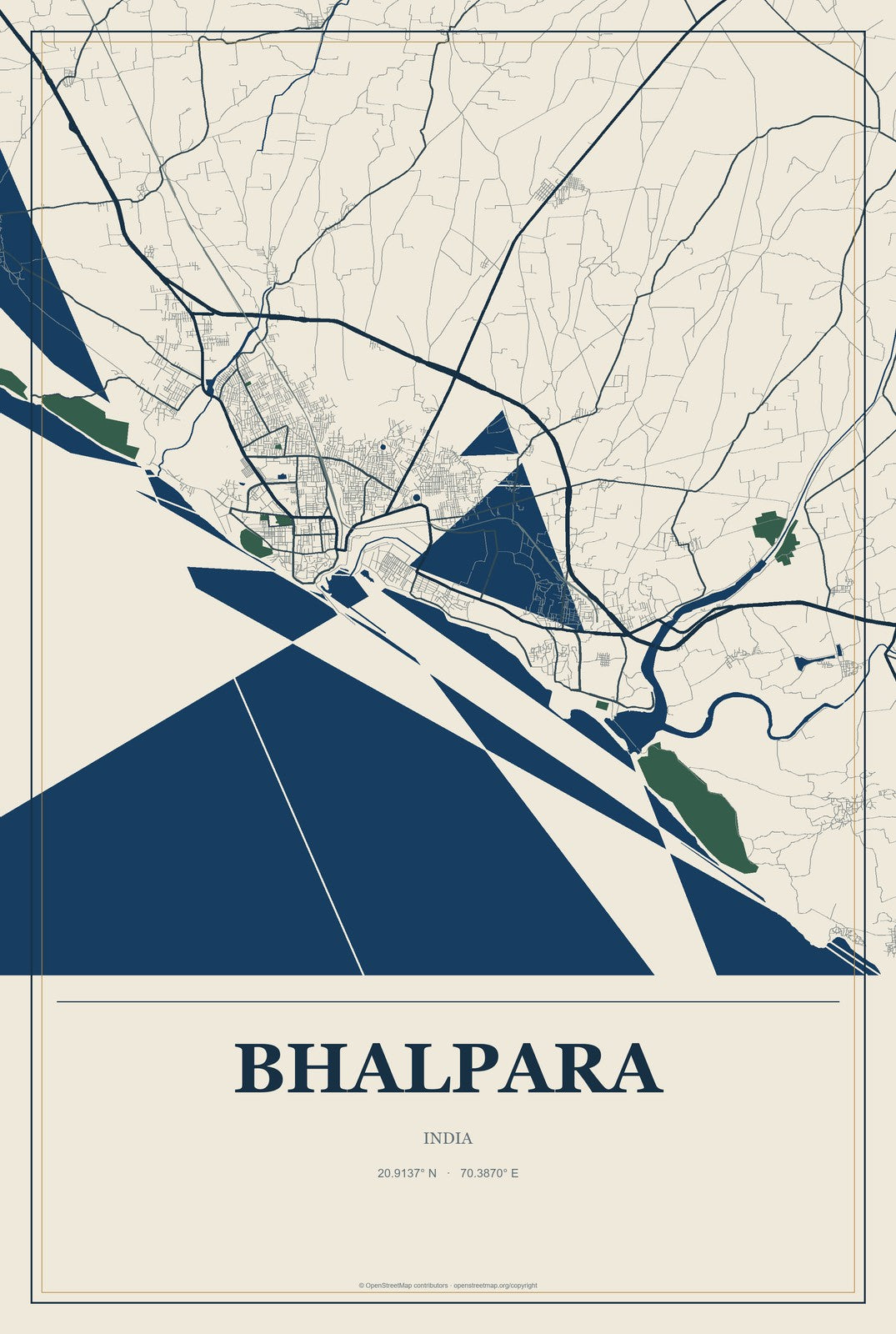 Bhalpara, India City Map Aluminum Sign in Coastal Cutout style