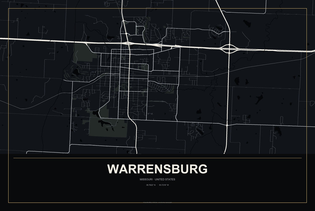 Warrensburg, Missouri City Map Aluminum Sign in Metropolitan Noir style