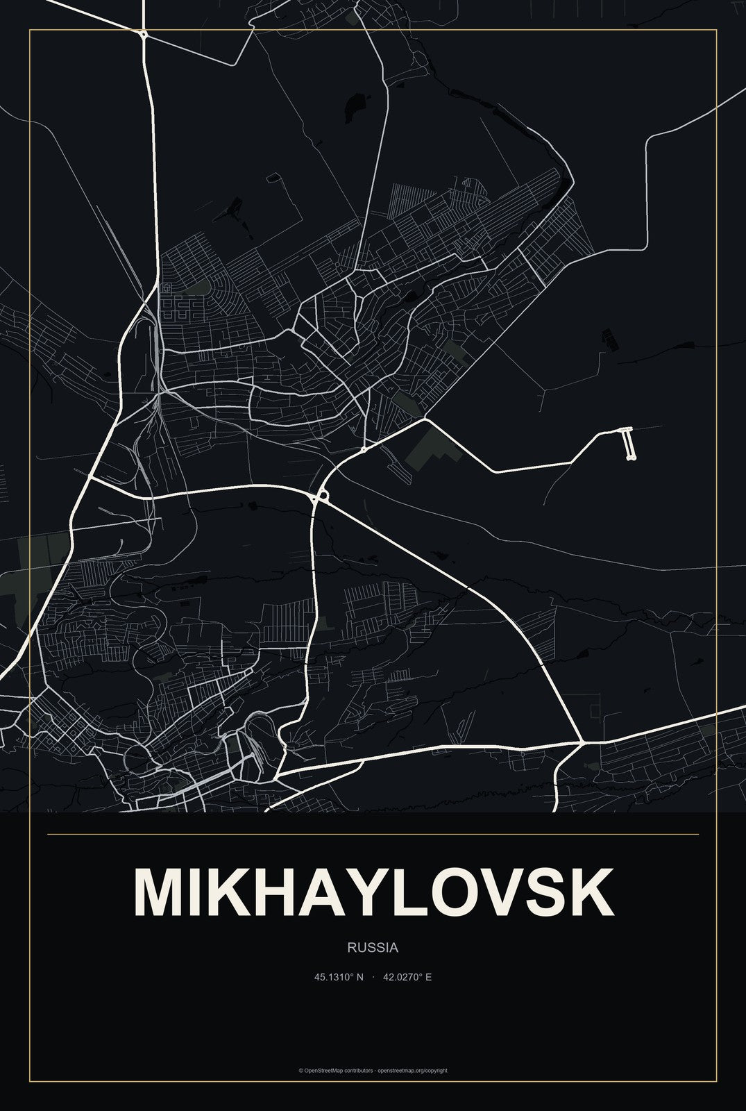 Mikhaylovsk, Sverdlovsk Oblast, Russia City Map Aluminum Sign in Metropolitan Noir style