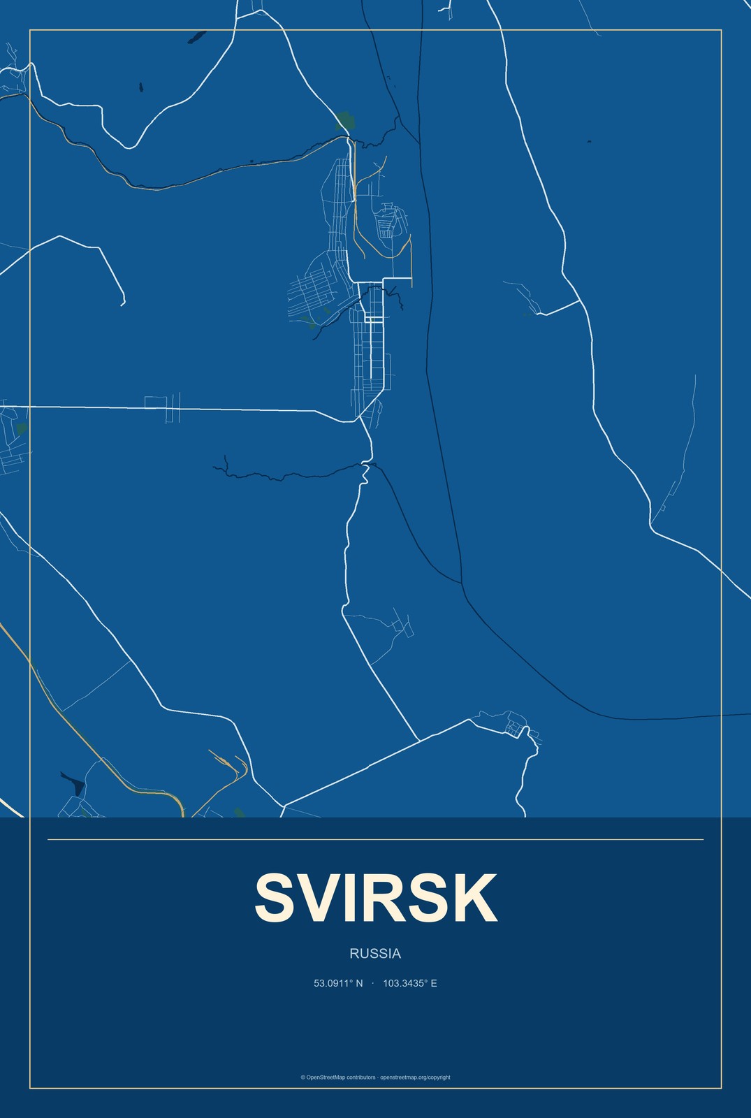 Svirsk, Russia City Map Aluminum Sign in Harbor Cobalt style