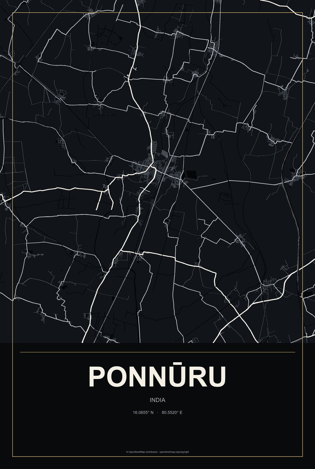 Ponnūru, India City Map Aluminum Sign in Metropolitan Noir style