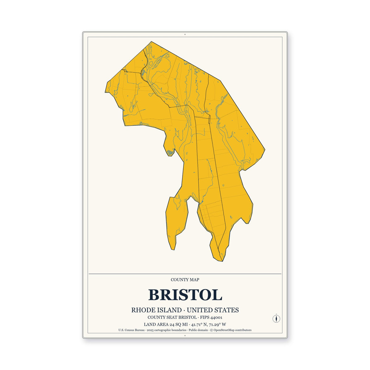 Bristol County, Rhode Island Map Aluminum Sign in Citrine Modern style