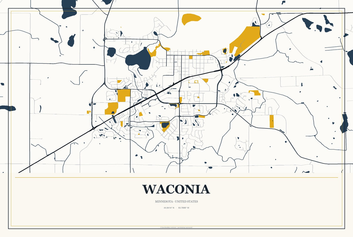 Waconia, Minnesota City Map Aluminum Sign in Citrine Modern style