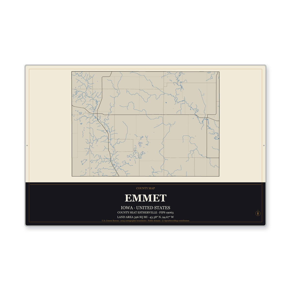 Emmet County, Iowa Map Aluminum Sign in Museum Plaque style