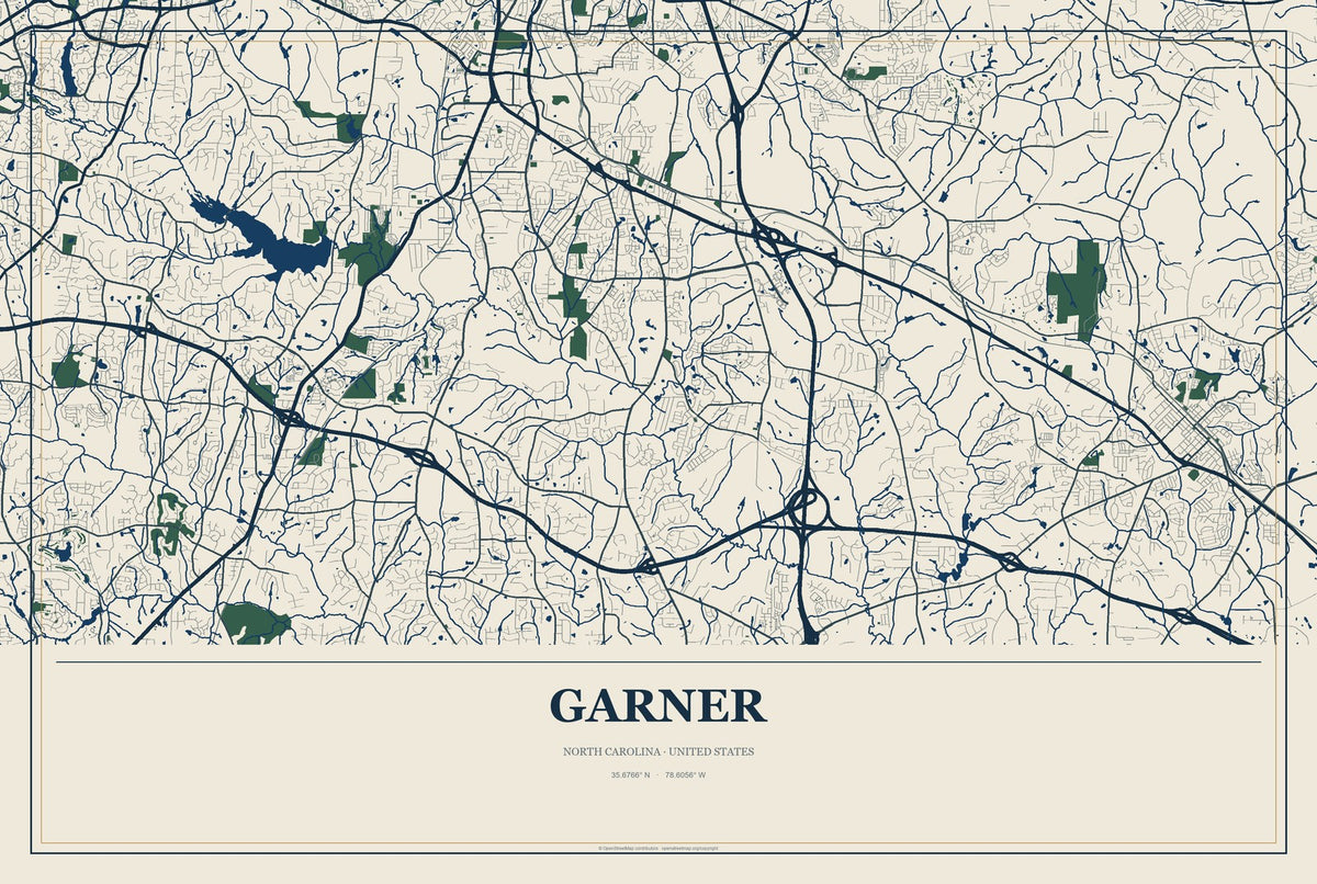 Garner, North Carolina City Map Aluminum Sign in Coastal Cutout style