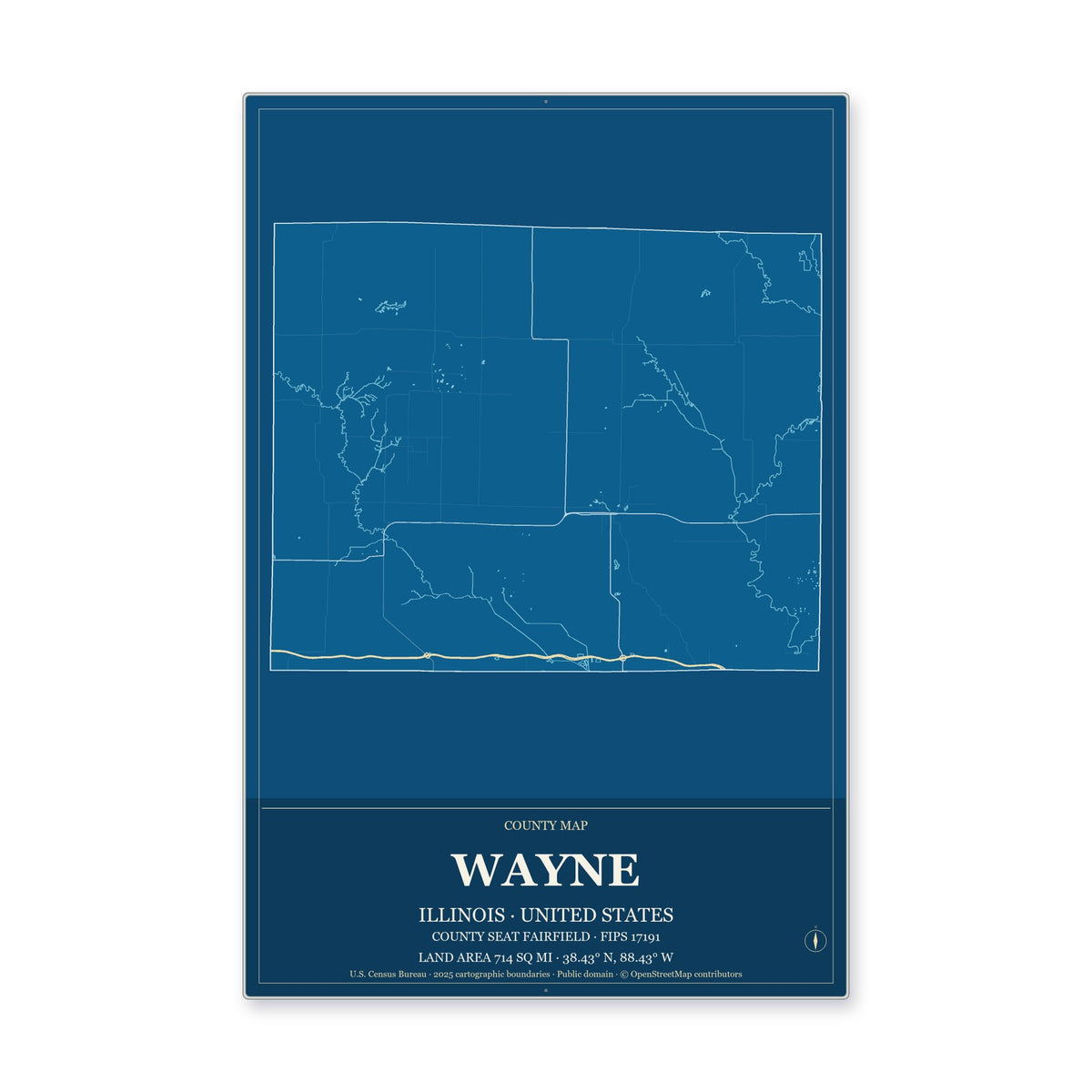 Wayne County, Illinois Map Aluminum Sign in Harbor Cobalt style