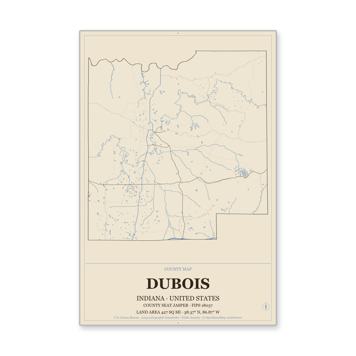 Dubois County, Indiana Map Aluminum Sign in Heritage Nautical style