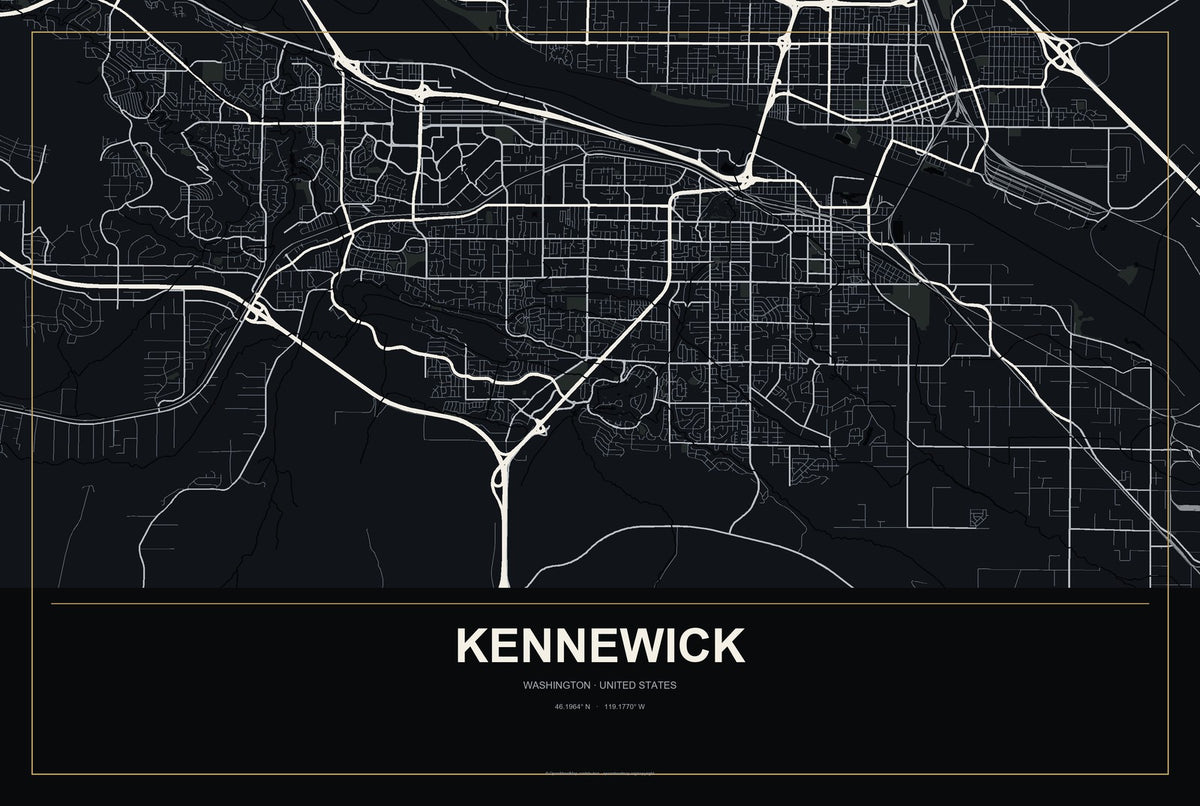 Kennewick, Washington City Map Aluminum Sign in Metropolitan Noir style
