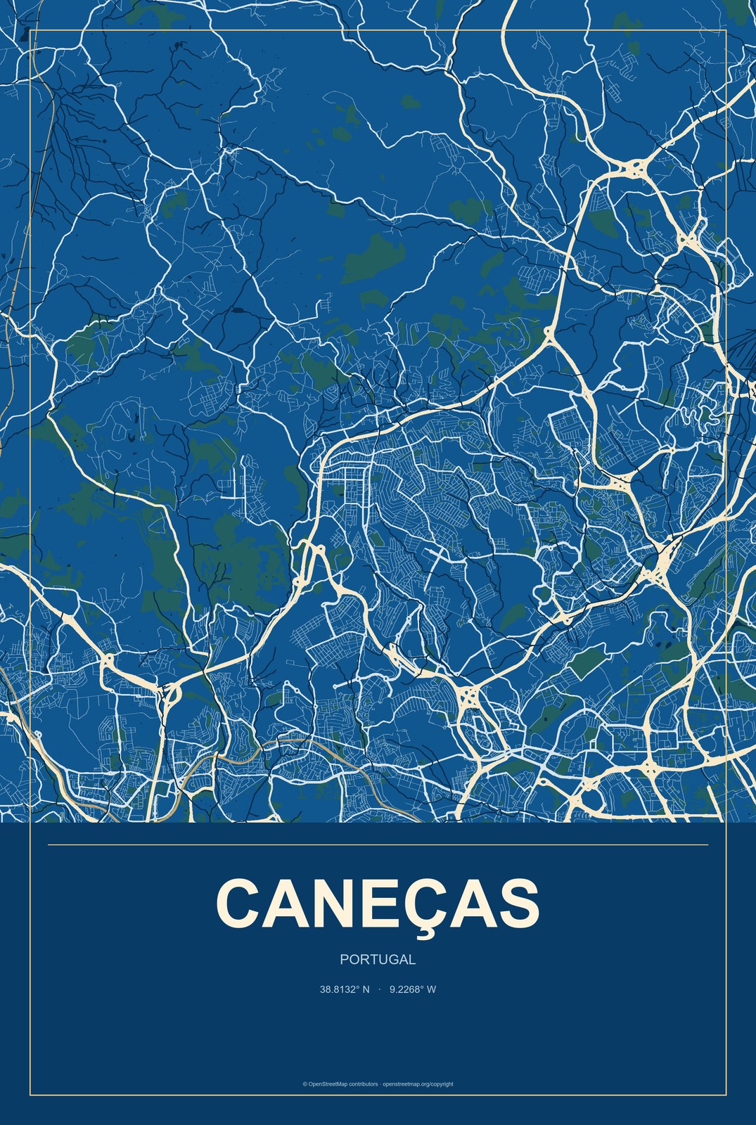 Caneças, Portugal City Map Aluminum Sign in Harbor Cobalt style