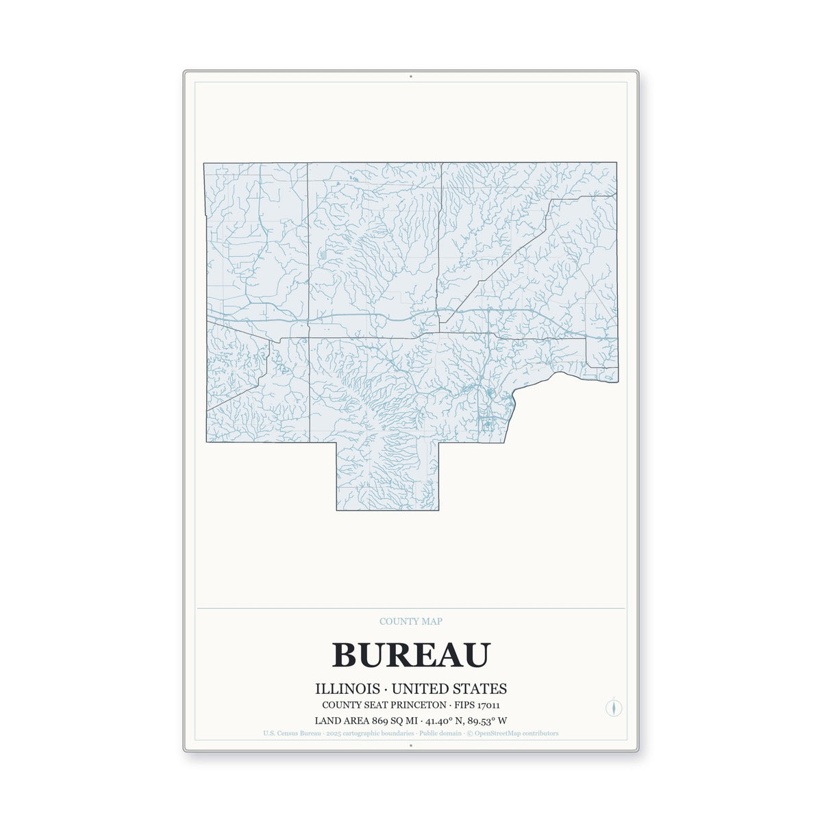 Bureau County, Illinois Map Aluminum Sign in Gallery Air style