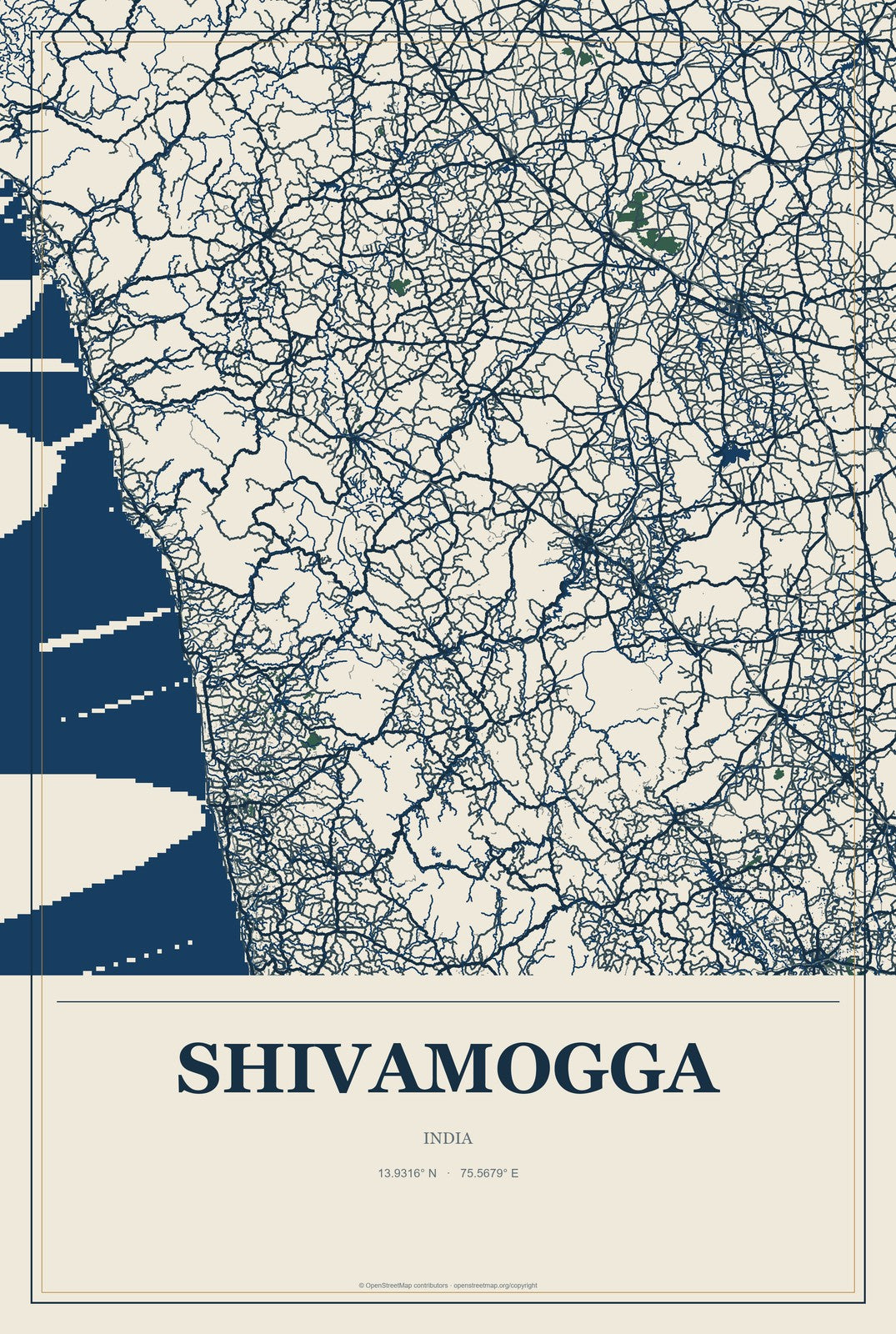 Shivamogga, India City Map Aluminum Sign in Coastal Cutout style