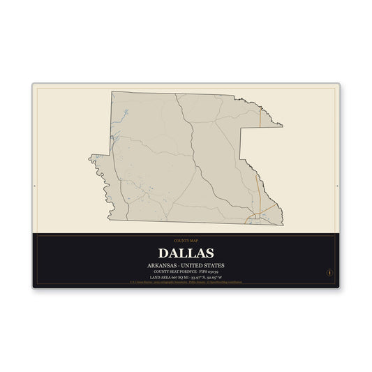 Dallas County, Arkansas Map Aluminum Sign in Museum Plaque style