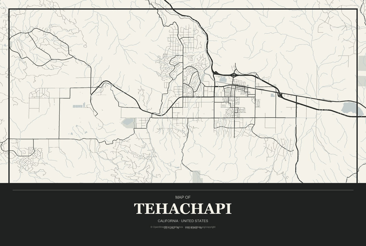 Tehachapi, California City Map Aluminum Sign in Museum Plaque style