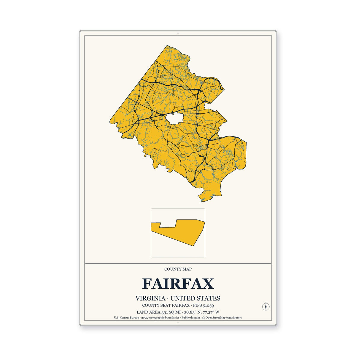 Fairfax County, Virginia Map Aluminum Sign in Citrine Modern style