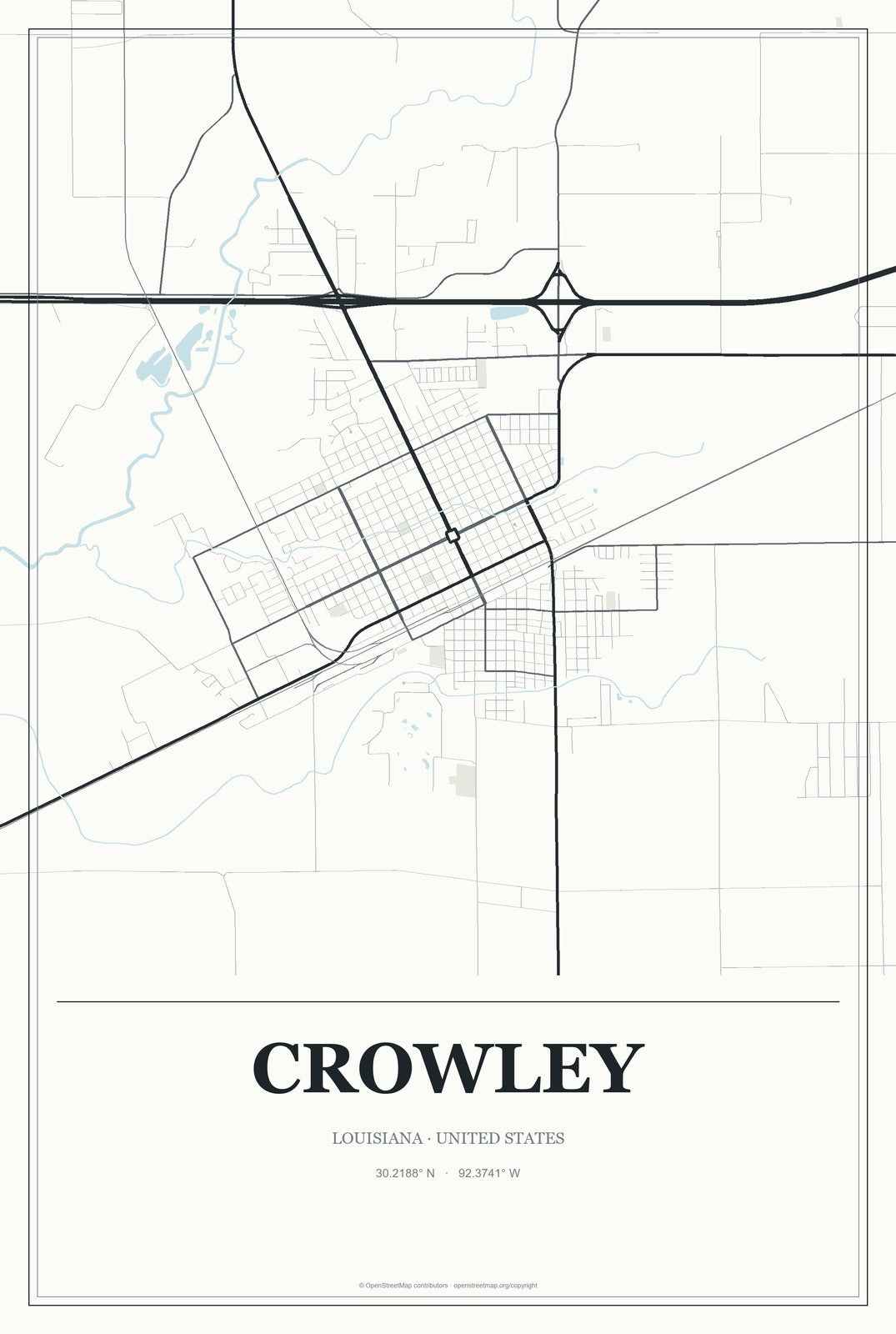 Crowley, Louisiana City Map Aluminum Sign in Gallery Air style