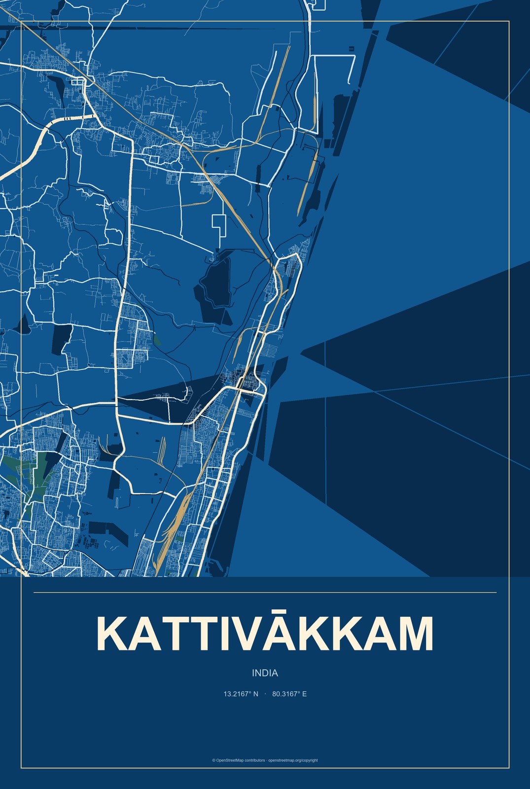 Kattivākkam, India City Map Aluminum Sign in Harbor Cobalt style