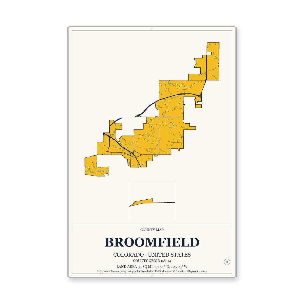 Broomfield County, Colorado Map Aluminum Sign in Citrine Modern style