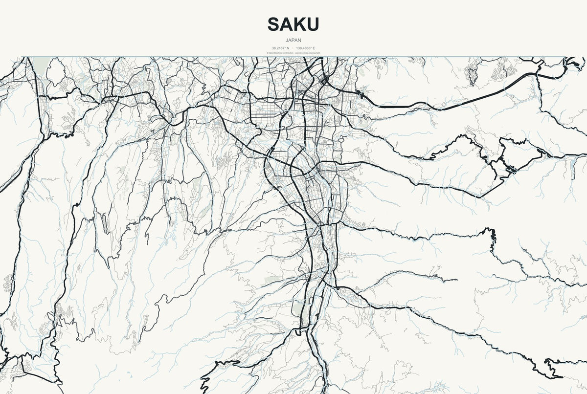 Saku, Japan City Map Aluminum Sign in Headline Atlas style