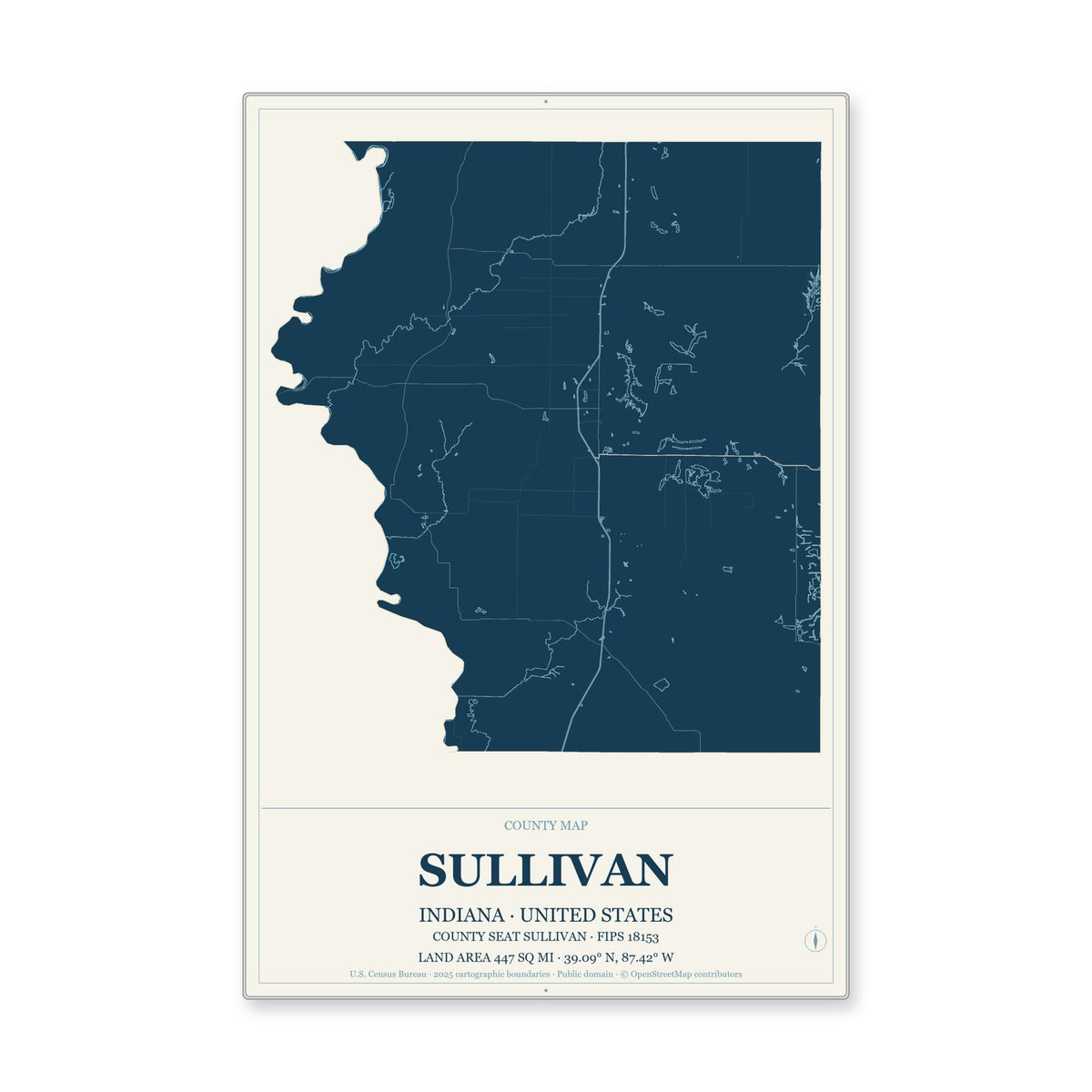 Sullivan County, Indiana Map Aluminum Sign in Coastal Cutout style