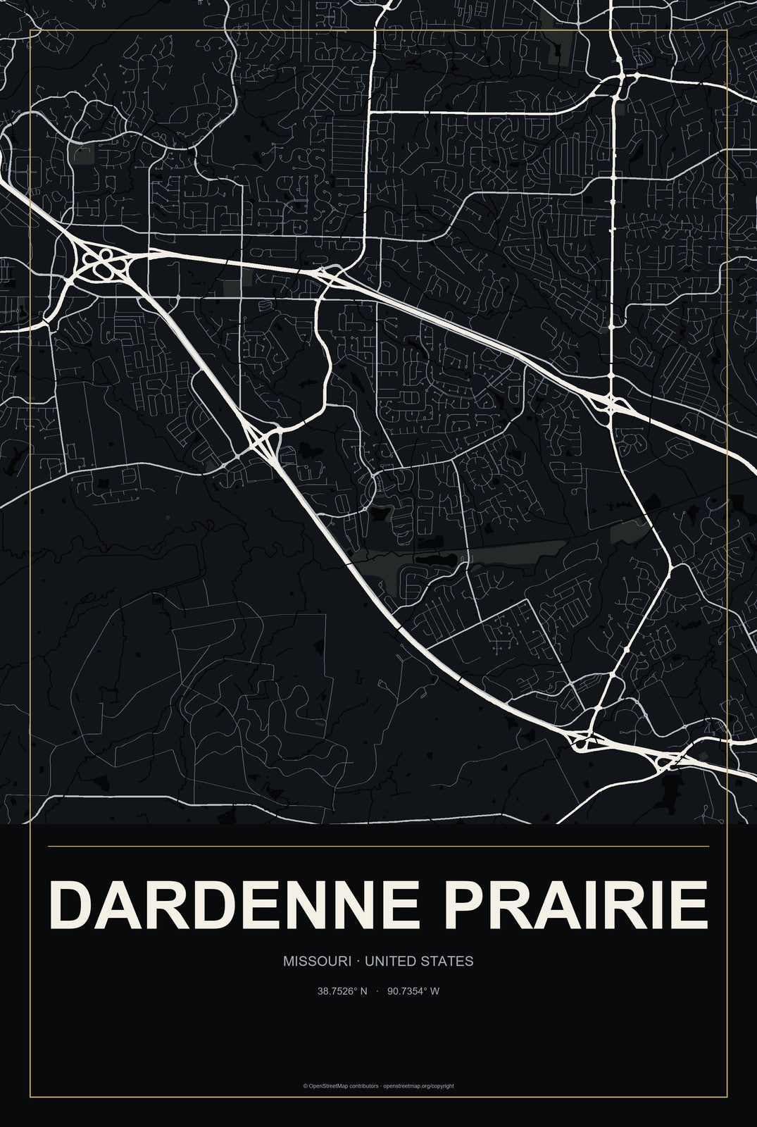 Dardenne Prairie, Missouri City Map Aluminum Sign in Metropolitan Noir style
