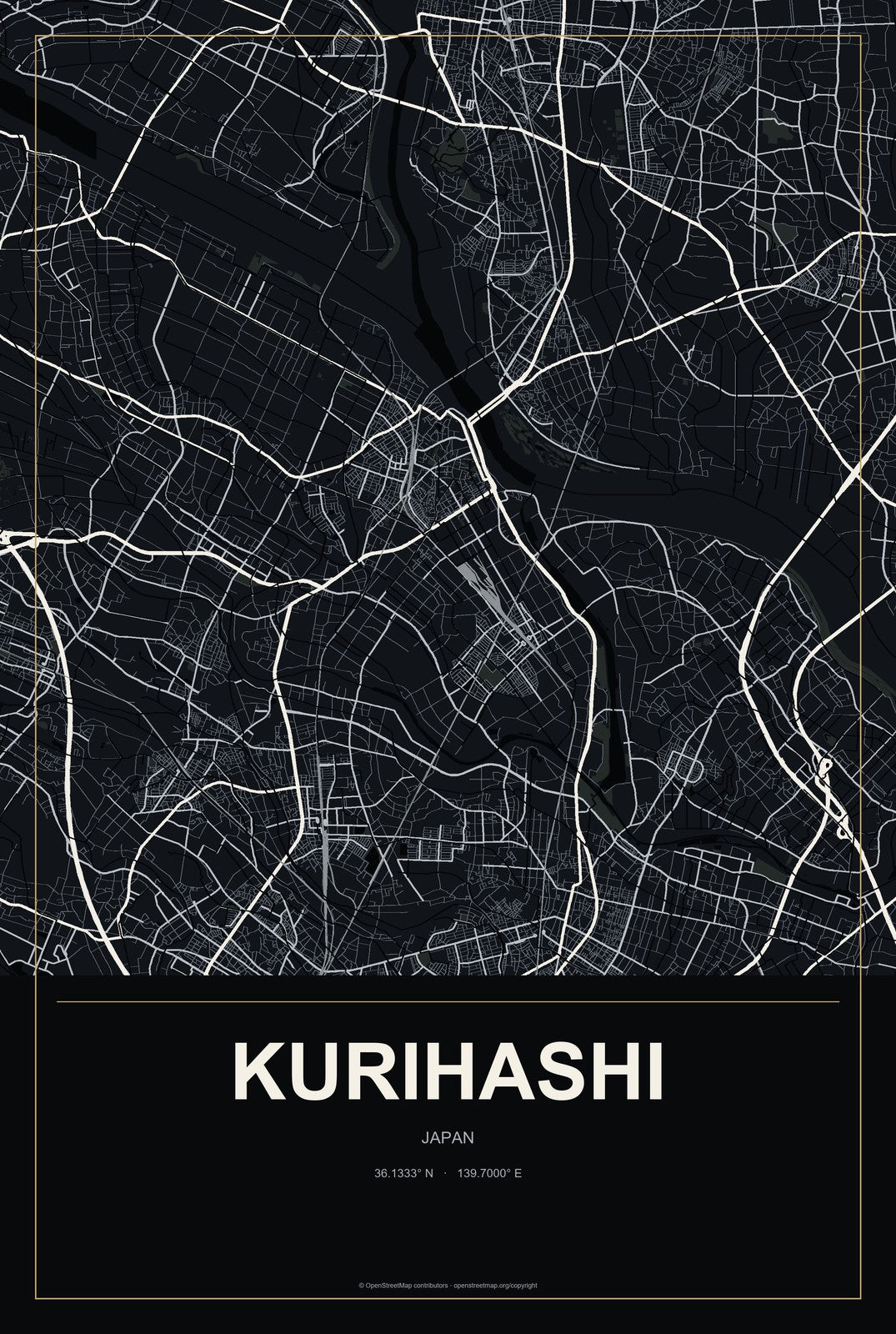Kurihashi, Japan City Map Aluminum Sign in Metropolitan Noir style