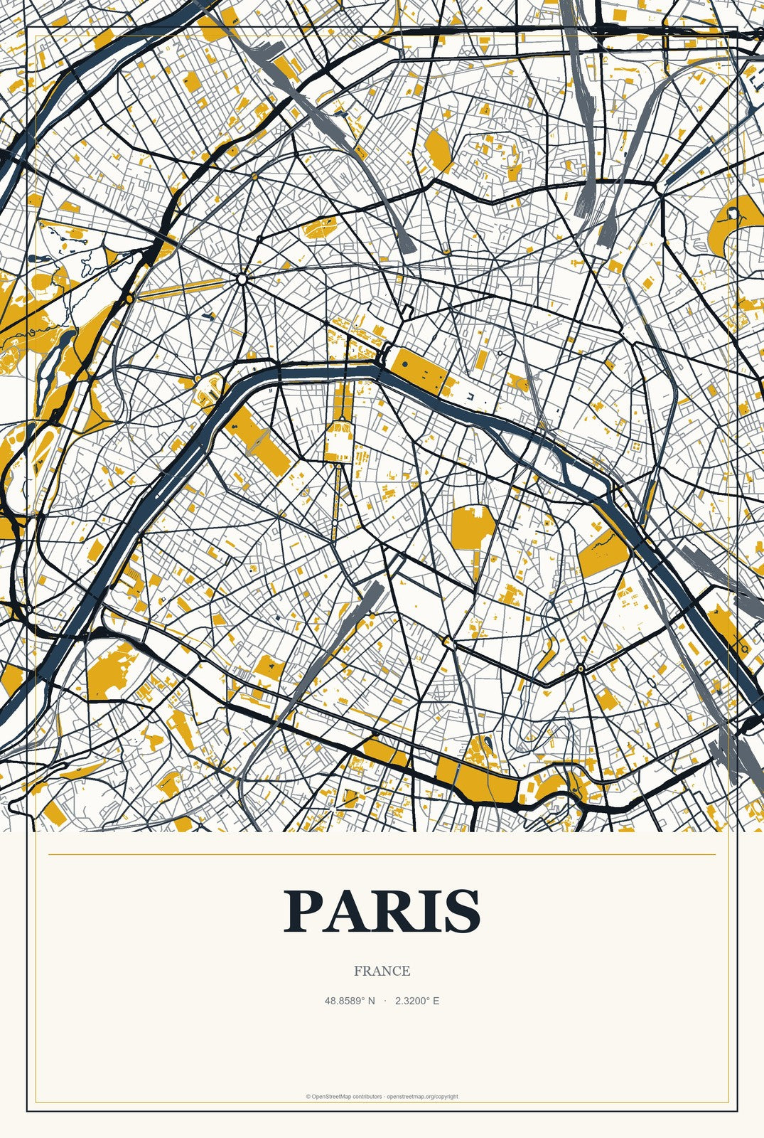 Paris, France City Map Aluminum Sign in Citrine Modern style