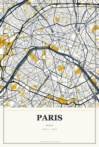 Paris, France City Map Aluminum Sign in Citrine Modern style