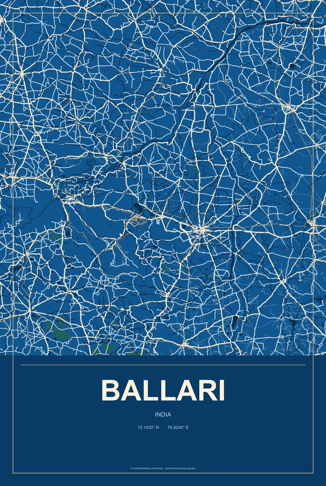 Ballari, India City Map Aluminum Sign in Harbor Cobalt style