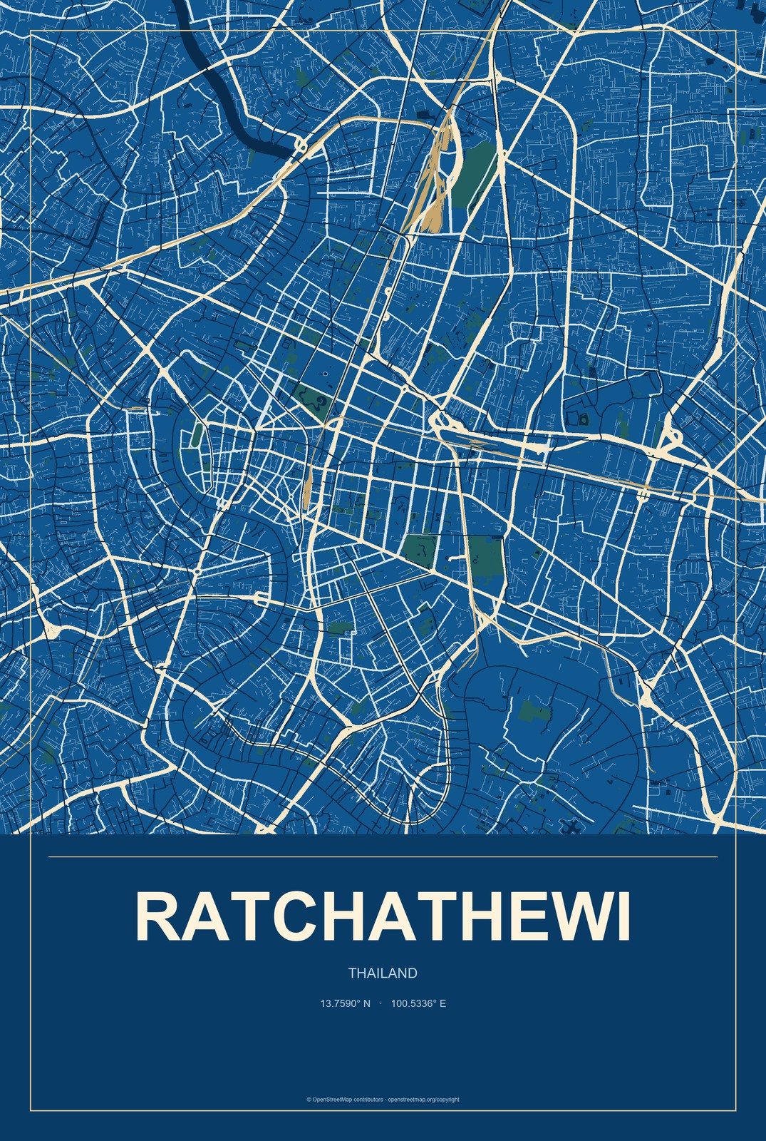 Ratchathewi, Thailand City Map Aluminum Sign in Harbor Cobalt style