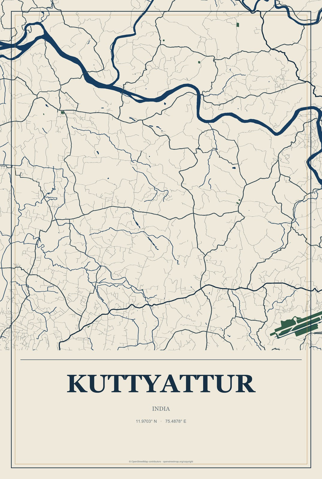 Kuttyattur, India City Map Aluminum Sign in Coastal Cutout style