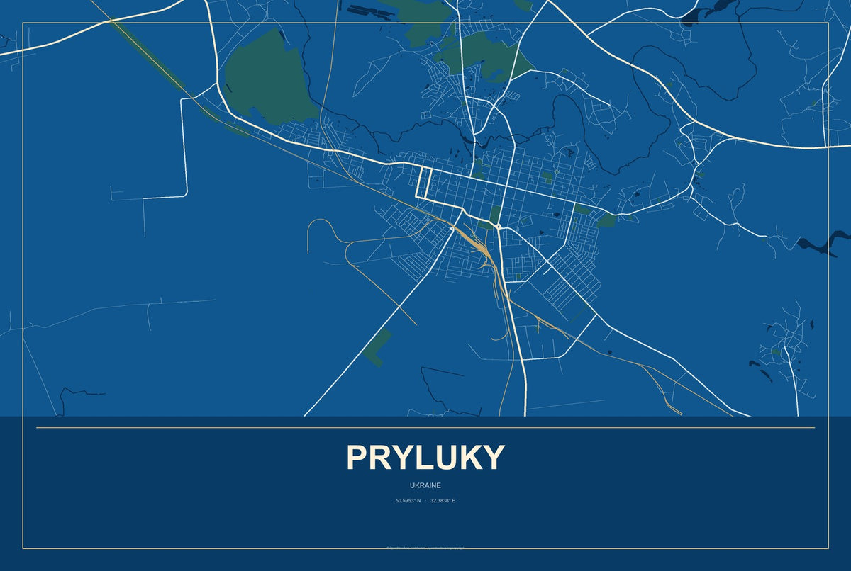 Pryluky, Ukraine City Map Aluminum Sign in Harbor Cobalt style