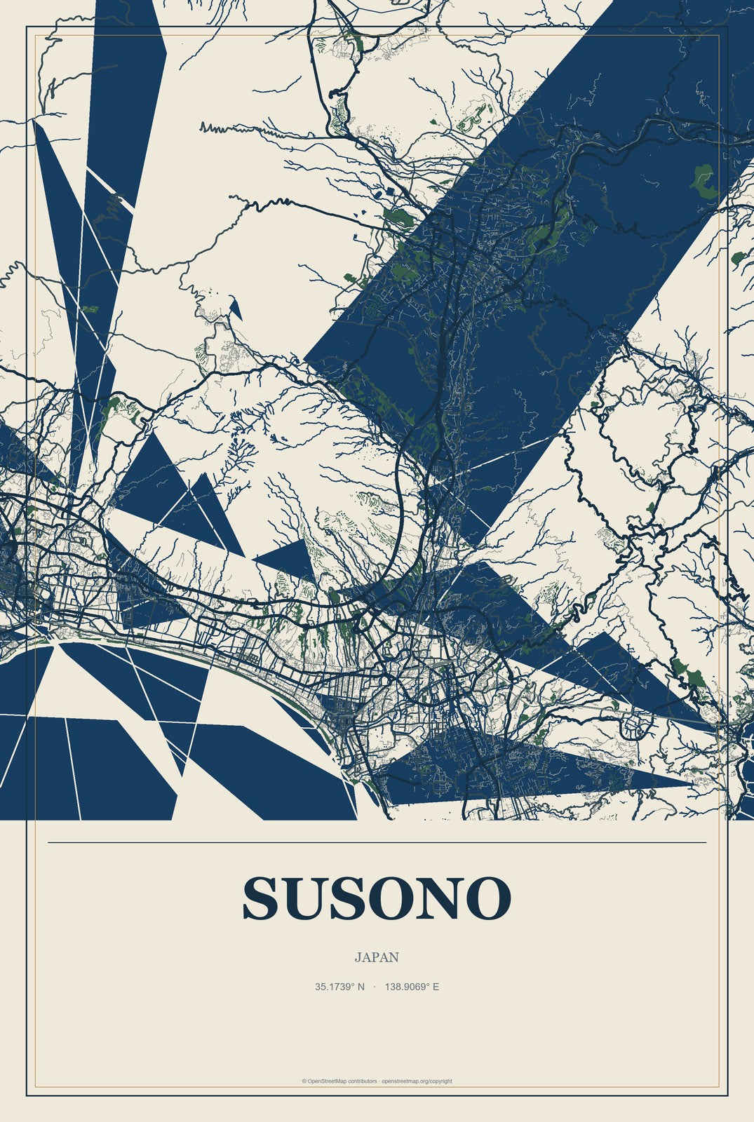 Susono, Japan City Map Aluminum Sign in Coastal Cutout style