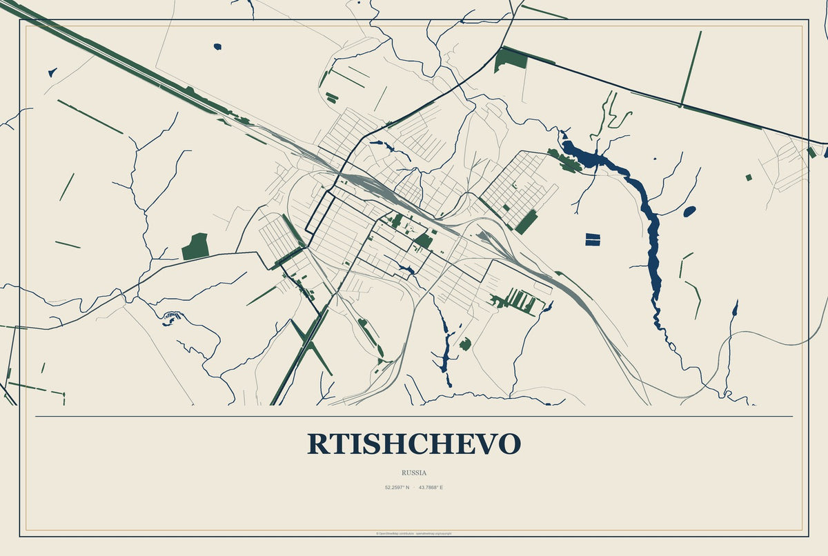 Rtishchevo, Russia City Map Aluminum Sign in Coastal Cutout style