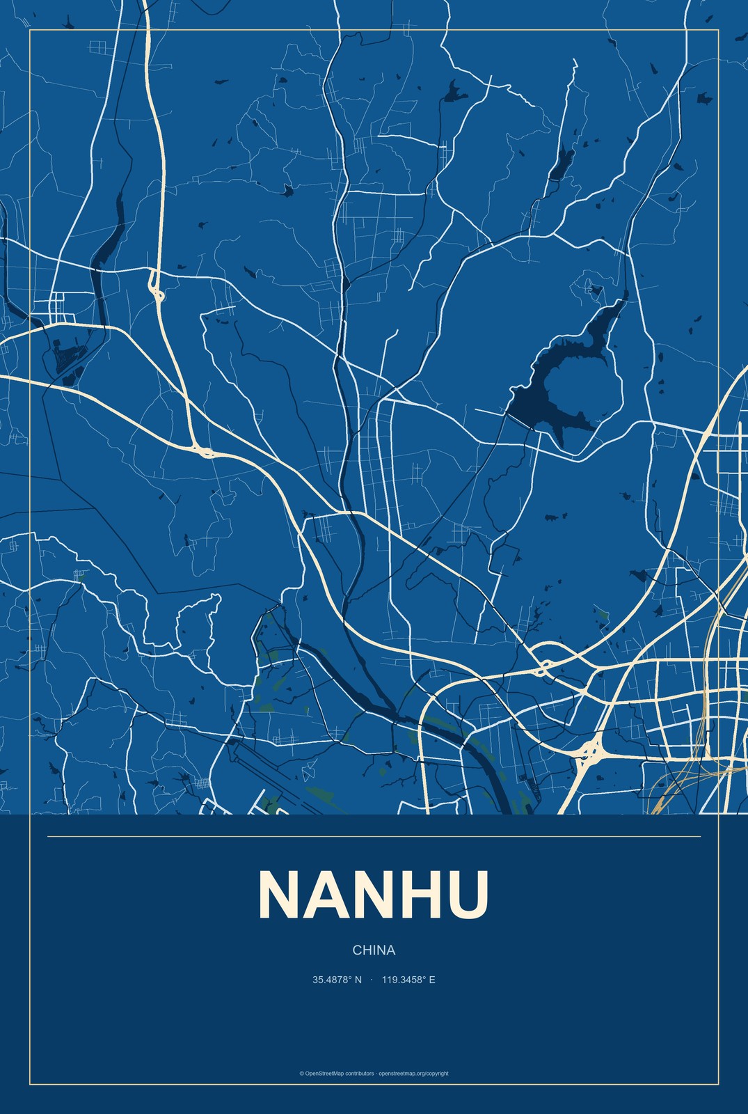 Nanhu, China City Map Aluminum Sign in Harbor Cobalt style